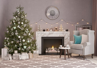 New year tree in scandinavian style interior with christmas decoration and fireplace. 3D Render