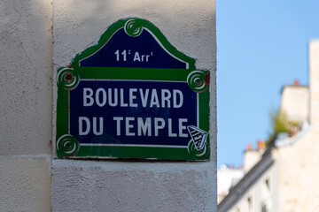 Boulevard du Temple (English : Temple Boulevard) street sign, one of the most famous boulevards in...