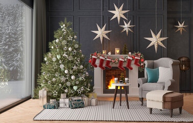 New year tree in classic style interior with christmas decoration with gifts and fireplace. 3D Render