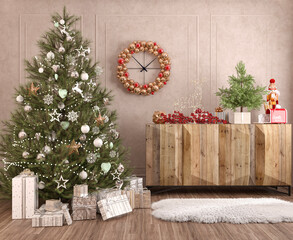 Illustration. Warm and cozy New Year's interior with a Christmas tree decorated with gifts, a deer, a wall clock, a sheepskin on the floor. 3d render.