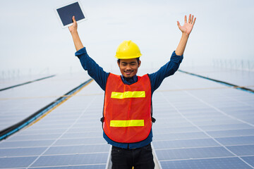 Asian Engineer standing on solar construction posting confident , Engineer construction happy job...