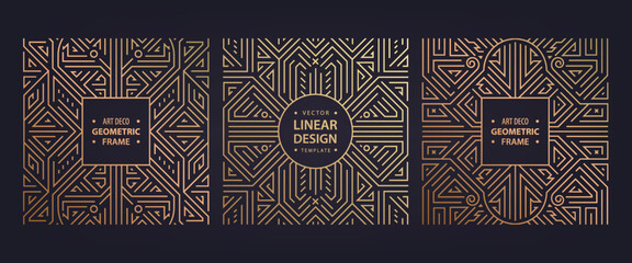 Vector art deco set of frames, abstract geometric design templates for luxury products. Geometric golden square line backgrounds. Use for package, branding, decoration, placards, banners, flyers