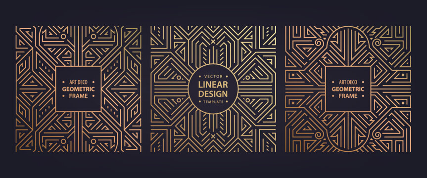 Vector art deco set of frames, abstract geometric design templates for luxury products. Geometric golden square line backgrounds. Use for package, branding, decoration, placards, banners, flyers