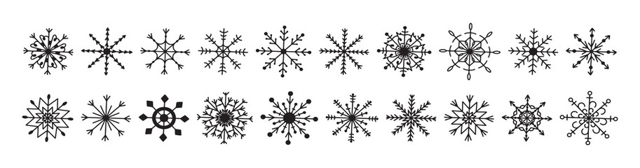Vector flat hand drawn set of christmas snowflakes.