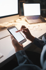 Hands, phone screen and business woman working working at night in office, email or searching for contact. Female with 5g network for communication at workplace or branding space, mock up or mobile