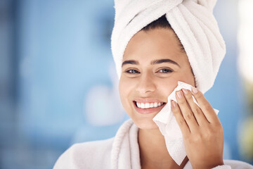 Spa, wipe and black woman smile, cosmetics and skincare for wellness, confident and body care. Portrait, young female and healthy girl remove makeup with cotton cloth, organic facial and smooth skin. - obrazy, fototapety, plakaty