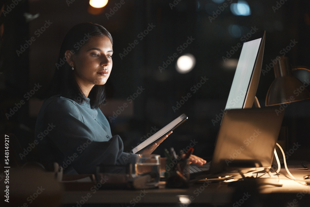 Aufkleber Computer tech, night and woman with tablet working on database programming code, ai development design or software coding. Ui screen, programmer or developer review cyber security of company big data
