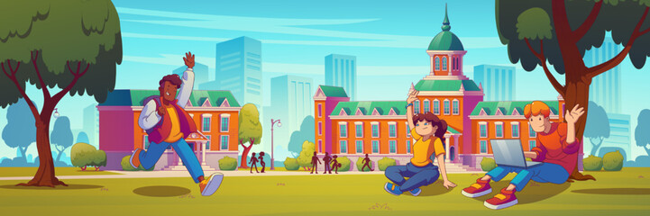 Obraz na płótnie Canvas Students on campus near university or college building. Contemporary vector illustration of young people sitting on green grass with laptop, friends meeting at yard after classes. College education