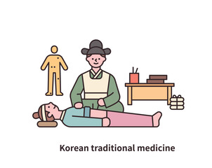 A Joseon Dynasty doctor is putting acupuncture on a patient. There are oriental medicine related objects around him.