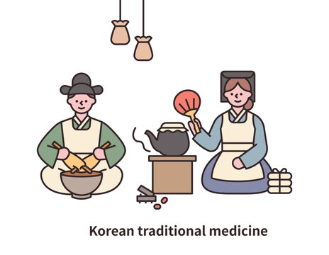 A doctor in the Joseon Dynasty is manufacturing medicine. A nurse is brewing medicine in a kettle in the traditional way.