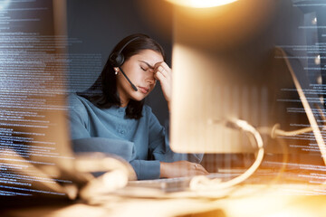 Call center, headache and woman with stress for big data, information technology software solution...