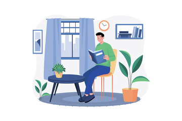 Man Reading Book At Home Illustration concept