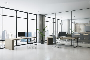 Light wooden, concrete and glass coworking office interior with furniture, equipment, window and city view. Law, legal and commercial workplace concept. 3D Rendering.