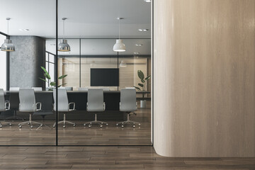 wooden, concrete and glass coworking office interior with blank mock up place on wall, furniture, equipment, window and city view. Law, legal and commercial workplace concept. 3D Rendering.