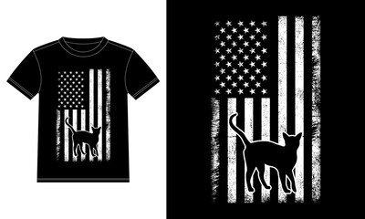 Abyssinian Cat American Flag Vintage T-shirt Design template, Abyssinian Cat on Board, Car Window Sticker Vector for cat lovers, Black on white apparel design
