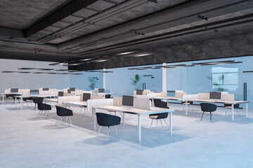 Grunge coworking office interior with city view and furniture. 3D Rendering.