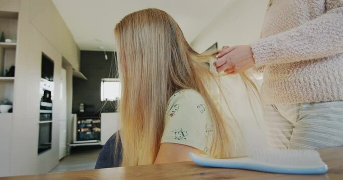 Woman untangles her daughter's long hair. Hair is very tangled and hard to comb