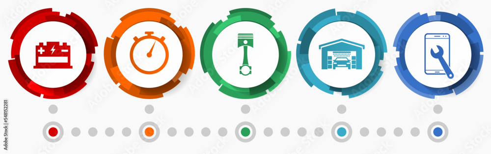 Poster workshop vector icon set, car service concept flat design buttons, infographic template