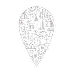 Simple linear illustration on the map pin shape. A lot of line icons of camp, glamping, wild nature, animals