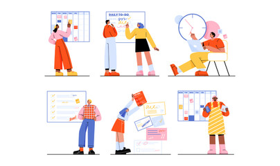 Time management, business planning with checklists, schedule, calendar and clock. Diverse people organize work and projects with to do list and plan, vector flat illustration