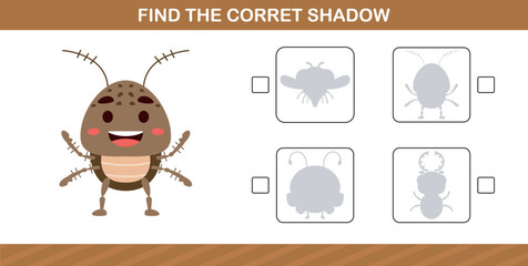 finding the correct shadow of cute insect education page game for kindergarten and preschool