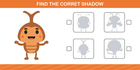 finding the correct shadow of cute insect education page game for kindergarten and preschool