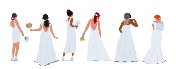 Set Of Beautiful Stylish Brides In Elegant Dress Rear View Isolated On White Background. Young Female Characters