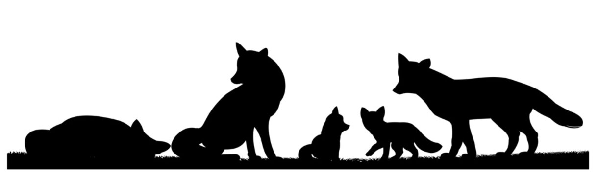Family of foxes on vacation. Animal silhouette. Wild life picture. Isolated on white background. Vector.