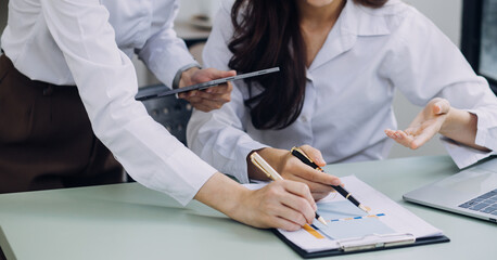 Business team present. Photo professional investor working new startup project. Finance meeting.Digital tablet laptop computer smart phone using, keyboard docking screen foreground,filter