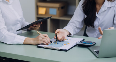 Business team present. Photo professional investor working new startup project. Finance meeting.Digital tablet laptop computer smart phone using, keyboard docking screen foreground,filter