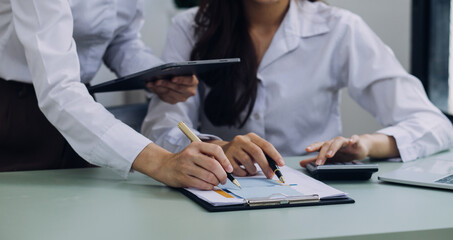 Business team present. Photo professional investor working new startup project. Finance meeting.Digital tablet laptop computer smart phone using, keyboard docking screen foreground,filter