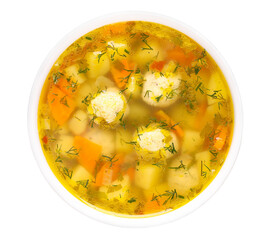 Vegetable soup with chicken meatballs, white plate, transparent background, top view