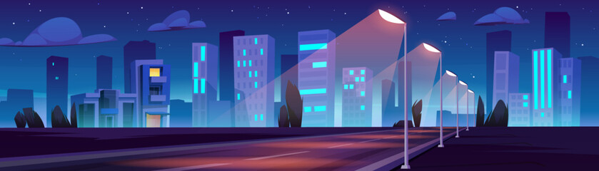 Car road with street lights and city buildings at night. Urban landscape with empty highway, houses, trees and stars in dark sky at evening, vector cartoon illustration