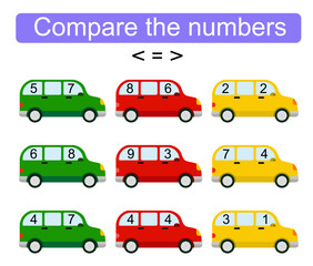 Naklejka premium Math activity for kids. Compare the numbers. Number range up to 10. Vector illustration.