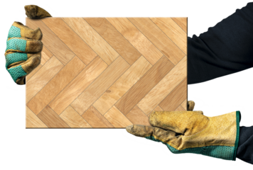 Manual worker with protective work gloves, holding a herringbone wood parquet sample, isolated on white or transparent background, png.