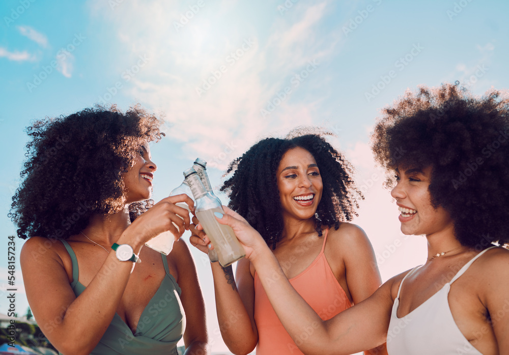 Wall mural Black women, friends and beer toast in nature on vacation, holiday or summer trip. Group cheers, smile and happy females bonding with alcohol, liquor or cider outdoors for party, event or celebration