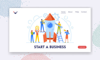 Start a Business Landing Page Template. Creative Team Launch Rocket, Businesspeople with Huge Wrench, Gears Illustration