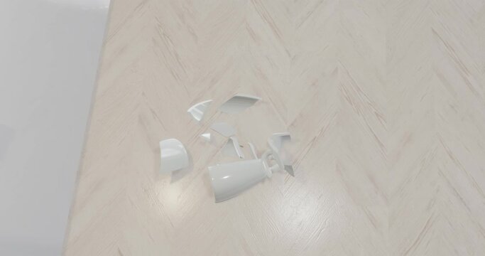 3d render of a broken cup in to small fragments, breaking animation in slow motion . High quality 4k footage