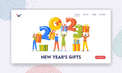 New Year Party Celebration Landing Page Template. Tiny People Exchange Gifts, Holding Huge 2023 Numbers Illustration