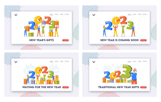 Happy New Year Greetings Landing Page Template Set. People at Huge 2023 Numbers with Gift Boxes around, Friends Party