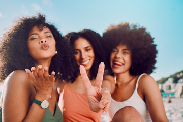 Happy, peace sign and friends with women on beach for summer break, holiday and travel destination. Party, smile and tropical with portrait of girl and relax for vacation, sunbathing and adventure