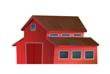 Rural farm red barn. Isolated on white background. Large livestock shed. Farmer design for growing pets and animals. Cartoon fun style. Flat design. Vector