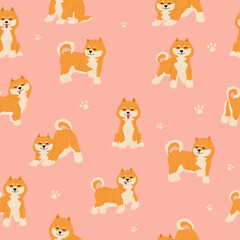 Seamless pattern with cute shiba inu dogs. Funny japanese smiling animals. Hand drawn vector illustration isolated on pink background. Modern flat cartoon style.