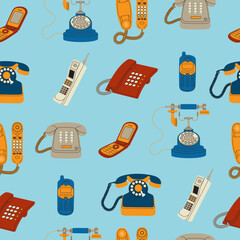 Seamless pattern of retro phones. Electronic modern wireless and vintage wired gadgets of different generation. Hand drawn vector illustration isolated on blue background. Modern flat cartoon style.