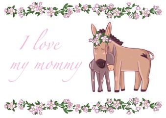Mom and baby. A postcard for Mother's Day. Floral background.
