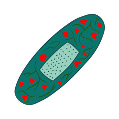 band-aid hand-drawn in cartoon style.  on a white background, isolated. Dark green Color with a pattern in the form of vines and hearts