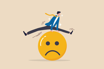 Overcome stress and anxiety, emotional problem, uncertainty or worried about work, depression or mental illness, sad and stressful concept, businessman jump over sad and negative emotion face. - obrazy, fototapety, plakaty