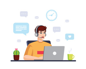 Fototapeta na wymiar Man with computer, headphones and microphone . Concept illustration for support, assistance, call center. Call center Operator. Vector illustration in flat style