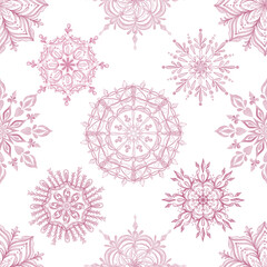 Seamless pattern with watercolor 
snowflakes. Christmas, Xmas,  new year holiday illustration for fabric textile, wrapping paper.