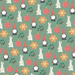 merry christmas pattern with holly berries, rabbit, dwarf, cookie and christmas ball